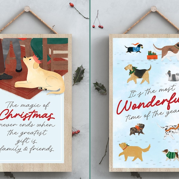 Christmas Dogs Themed Heartwarming Wooden Vertical Hanging Natural White Grain Plaque With Rope Dog Lover Gift Idea