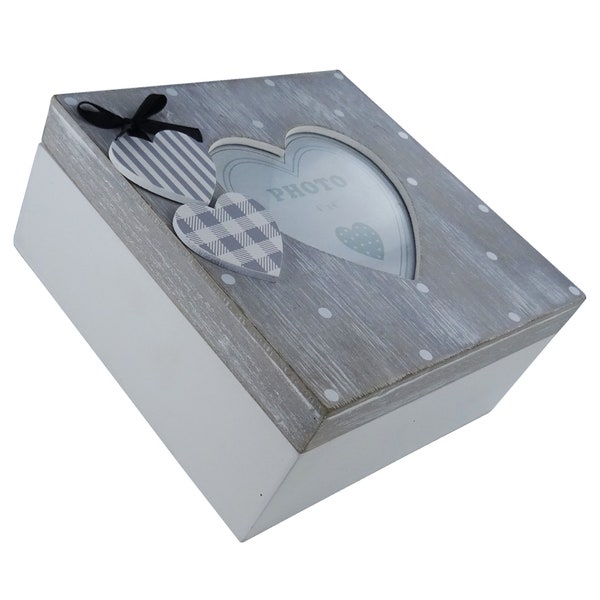 Memory Box Keepsakes Chest Photo Box Trinkets Jewellery Bucket Lists Wishes Heart Photo Frame Grey White Polka Dots Wood Glass 16x16cm 76213