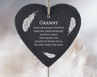 Personalized Slate Heart Memorial Plaque, Granny Grave Marker