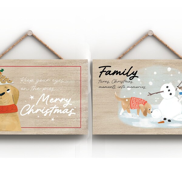 Christmas Dogs Themed Heartwarming Wooden Horizontal Hanging Natural White Grain Plaque With Rope Dog Lover Gift Idea