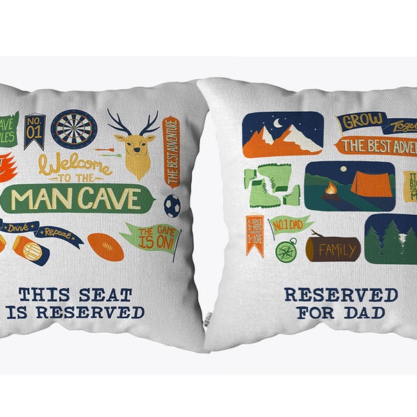 Father's Day Cushion Cover Reserved For Dad Linen Man Cave Themed Illustrations Of Dads Favourite Things Sublimation Printed Artwork 40x40cm
