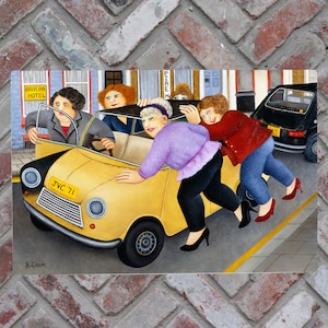May include: A yellow car with a black stripe and the license plate "JVC 71" is being pushed by four women. The women are wearing colorful clothing and are pushing the car down a street with a brick building in the background. The building has a sign that says "Riviera Hotel".