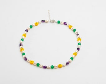 colourful bead necklace with freshwater pearls, natural amethysts, jade and yellow emoji smiley face. Handmade in uk