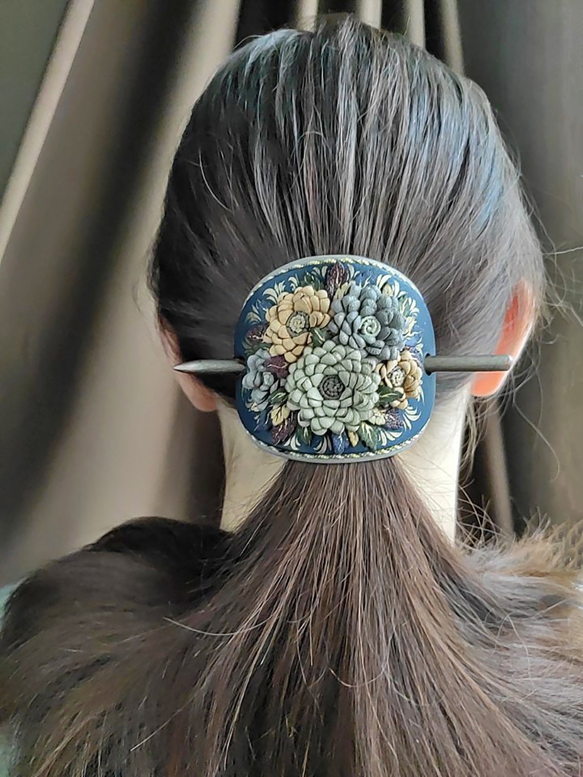 Hair Clip Made of Genuine Leather on a Wooden Stick Floral Etsy