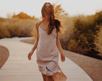 Linen dress for woman, linen summer dress, sleeveless linen woman dress, linen tank dress, linen  V neck dress