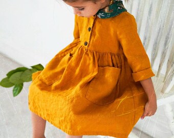 Linen mustard girl collar dress, first birthday dress, toddler linen dress, linen autumn girl dress