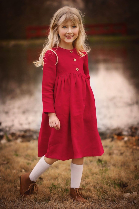 Linen Girl Dress Ready to Ship, Red Linen Dress for Girl, Chrisrmas Dress, Birthday Dress for Girl, Long Sleeve Linen Dress
