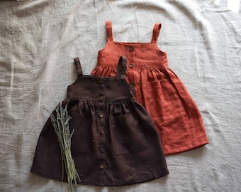 Linen girl pockets sundress, Pinafore girl dress , vintage girl dress, Summer Linen Dress