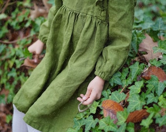 Linen baby dress, dress with wooden buttons on the back, retro girl dress, first birthday dress, toddler linen dress, linen girl dress