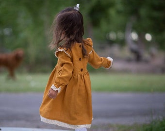 Linen girl dress/retro clothes for baby/vintage dress for baby/retro dress/mustard linen dress