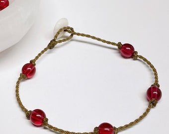 Magenta Czech Glass Bracelet: Puka Shell, Handspun Rope, Bohemian Jewelry