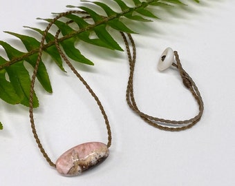 Rhodochrosite Necklace, Pink Bohemian Rope Jewelry