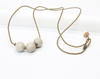 Fossil Coral Necklace, Puka Shell, Beaded Necklace, Handspun Rope Jewelry