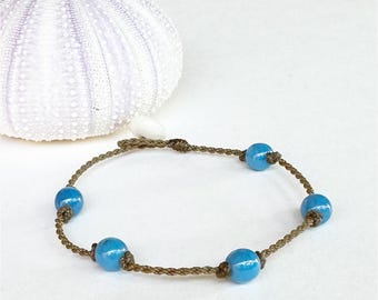 Ocean Blue Bracelet, Czech Glass Beads, Beaded Bracelet, Adjustable, Beach Boho Jewelry