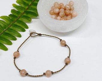Peach Moonstone Bracelet: Puka Shell Clasp, Handspun Rope, Bohemian Jewelry