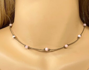 Pink Opal Beaded Choker Necklace, Crystal Bohemian Jewelry