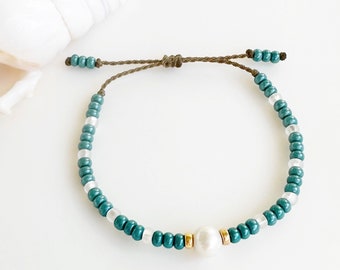 Pearl Bracelet, Seed Beads, Beach Bohemian Adjustable Bracelet, Coastal Jewelry