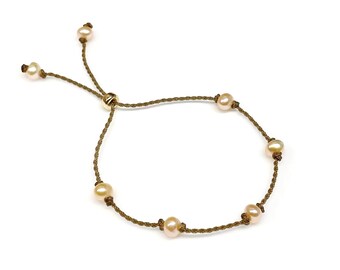 Peach Pearl Adjustable Bracelet, 14k Gold-Filled, Handspun, Beach Bohemian Rope Jewelry