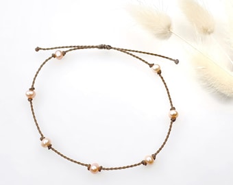 Hana Anklet - Petite Peach Pearls, Handspun Rope, Beach Bohemian Jewelry