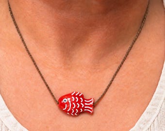 Red Fish Necklace, Puka Shell, Waterproof Rope, Whimsical Jewelry