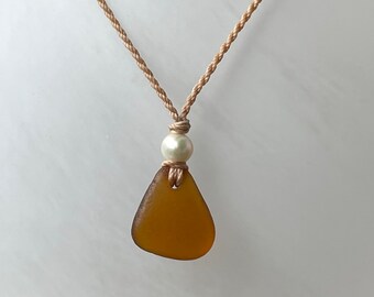 Brown SEA GLASS & Saltwater Pearl Pendant 18-inch Necklace, Nauti-Rope Beachy Jewelry
