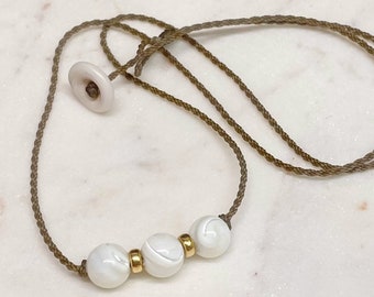Mother of Pearl Knotted Necklace: 14kt Gold Fill, Waterproof Rope