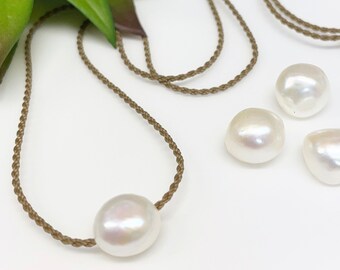 Pearl Necklace, Minimalist Bohemian Jewelry, White Pearl, Rope Necklace, Puka Shell