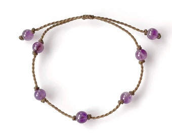 Amethyst Adjustable Bracelet, Beach Bohemian, Handspun Rope Jewelry