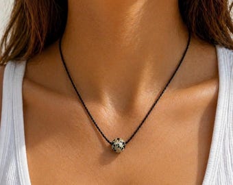 Dalmation Jasper Necklace, Black Handspun Rope, Puka Shell Clasp