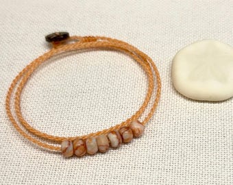 Web Jasper Beaded Wrap Bracelet, Melon Colored Cord, Beach Bohemian Jewelry