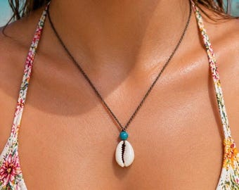 Cowrie Shell Necklace, Blue Czech Glass, Beach Bohemian Rope Jewelry