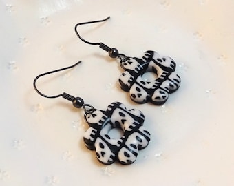 Black and White Skull-Patterned Flower Chunky Earrings, Halloween Gothic Punk Jewellery