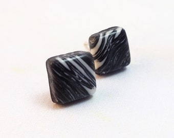 Black and White Marbled Square Stud Earrings, Minimalist Earrings, Modern Studs, Monochrome Jewelry