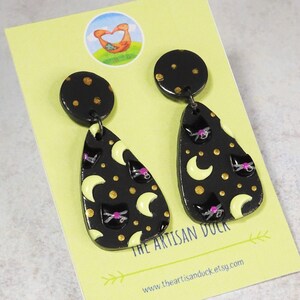 Halloween Black Cat Earrings: Polymer Clay Crescent Moon Dangle Earrings