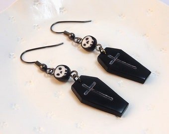 Black and White Skull Earrings with Gothic Black Coffin Drops - Unique, Handmade Halloween Punk Jewellery