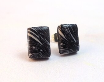 Black and White Marbled Earrings, Rectangle Stud Earrings , Modern Earrings, Minimalist studs, Monochrome Polymer Clay Studs