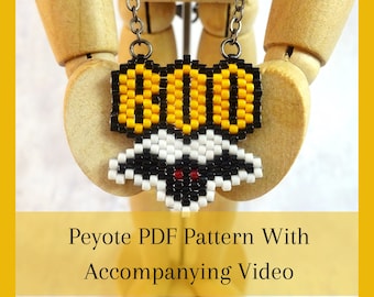 Halloween Peyote BOO and Bat Beading Pattern, PDF Bead Weaving Pattern With Two Accompanying Videos, Intermediate Beading Project