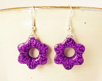 Purple Patterned Flower Drop Earrings with Silver Plated Hooks
