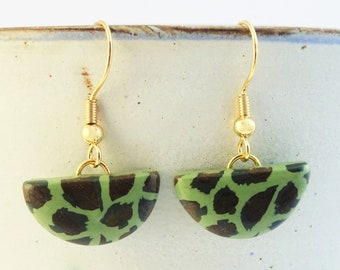 Green leopard print half circle earrings, Olive green and gold earrings, Animal print earrings