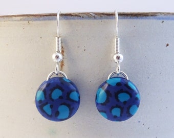 Blue leopard print earrings, Round dangly earrings, Navy blue and turquoise animal print jewellery, Funky earrings