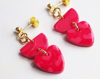 Red heart earrings, Pink and red dangly earrings, Dainty statement earrings