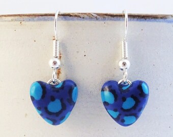 Blue leopard print heart earrings, Navy blue and turquoise animal print jewellery, Ladies Valentine's gift