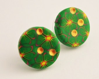 Green and yellow round stud earrings, Flower pattern stud earrings, Large stud earrings