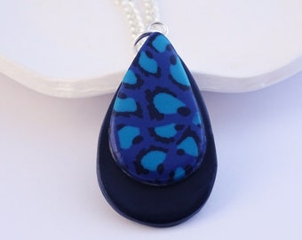 Blue leopard print teardrop necklace, Navy and turquoise pendant necklace, Animal print necklace