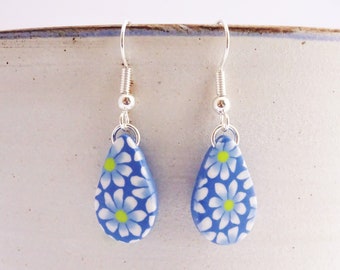 Small blue and white teardrop earrings, Flower pattern earrings, Floral summer jewellery