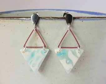 White & Turquoise Triangle Earrings, Modern Earring Design