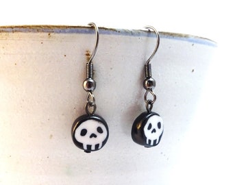 Simple Black and White Skull Drop Earrings - Macabre Handmade Small Drop Earrings, Gothic Jewellery