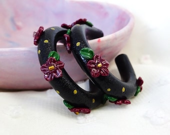 Large Hoop Earrings, Dark Cottagecore Earrings, Black Artsy Chunky Hoops with Burgundy Flowers, Green Leaves and Gold Dots
