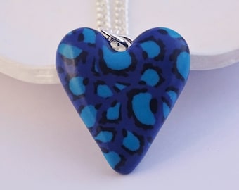 Blue leopard print heart necklace, Navy blue and turquoise necklace, Animal print jewellery