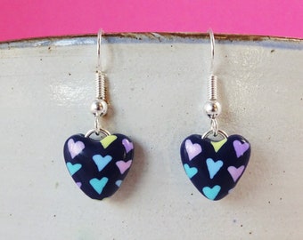 Navy heart earrings, Pastel heart pattern earrings, Cute heart earrings